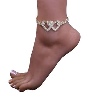 💎✨ Sparkle in Style: 2-Piece Double Love Gold Heart Rhinestone Chain Anklet Set